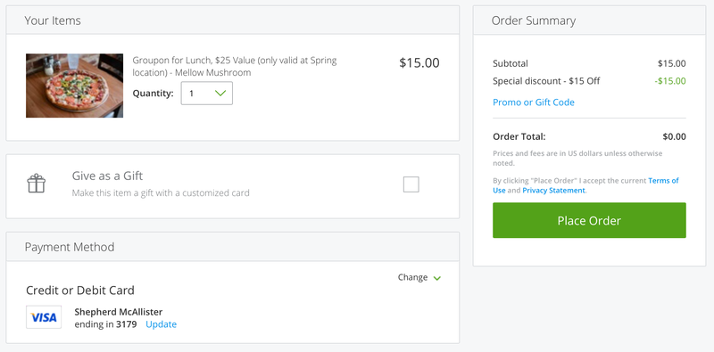 $15 off pizza Groupons, promo code CHZZY